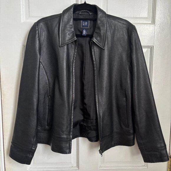 Gap Leather Jacket Black 90s Short Zip Collar Short Vintage Vintage Medium M - Picture 3 of 8